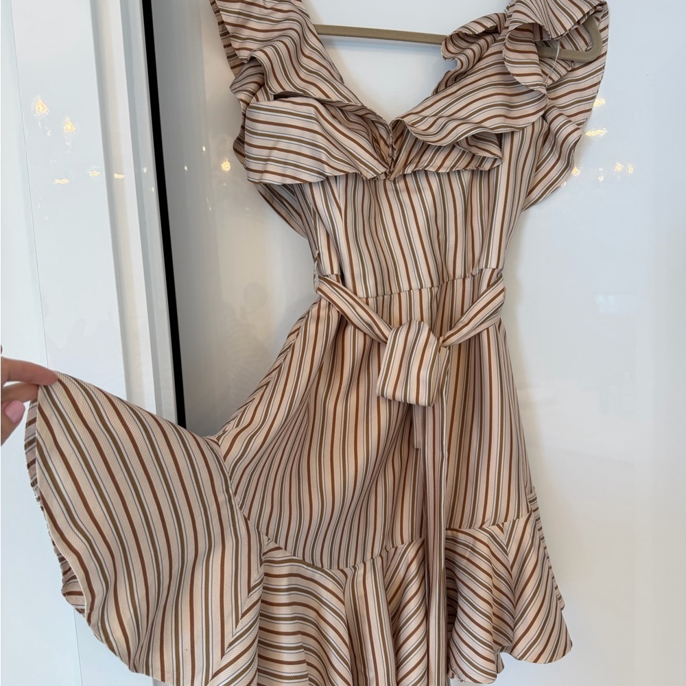 Zimmermann Beige and Brown Striped Ruffle Mini Dress